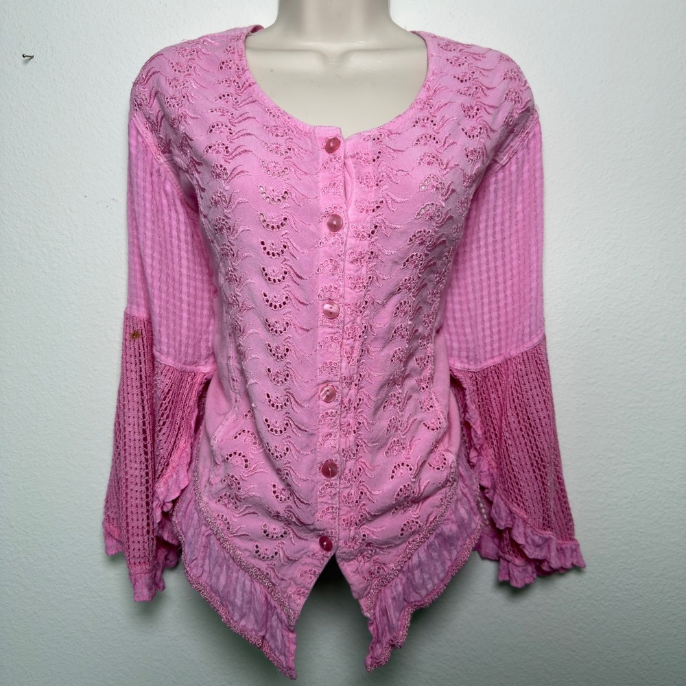 VTG 90s Women‎ Indie Fairy Embroidered Crochet Top XL Pink Flare Western Boho